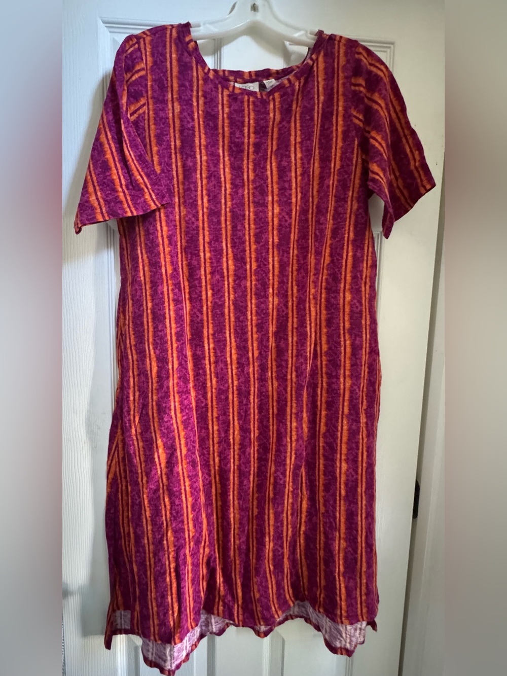LOGO by Lori Goldstein Women’s Purple and Orange Striped Short-Sleeve Dress